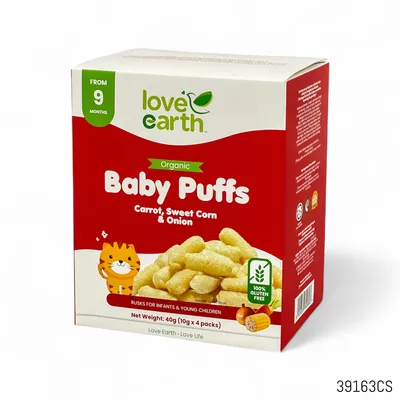 Love Earth Organic Baby Puffs – Carrot, Sweet Corn & Onion (40g, 9+ Months)